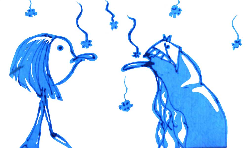 illustration:Jule and Slug catching snowflakes on their tungs